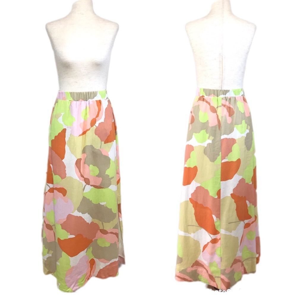 EVERY Linen Blend Maxi Skirt Abstract Print Pull On Green Orange Size Medium New